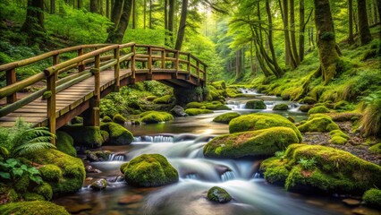 A picturesque wooden bridge crossing a tranquil mossy stream in a lush green forest setting