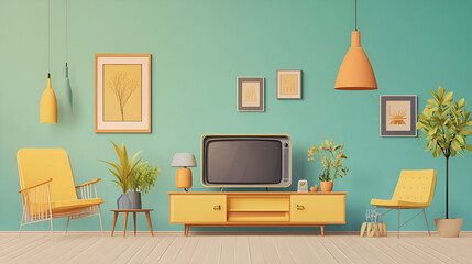 Mid-Century Modern Living Room with Retro Television and Colorful Decor