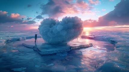 Photographer on Heart-Shaped Ice Platform in a Frosty Setting