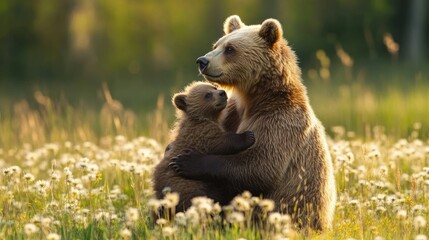 Fototapeta premium Mother Bear Protecting her Cub in a Field of Flowers