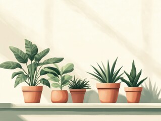 Fototapeta premium A serene display of potted plants on a shelf, showcasing various green leaves and earthy tones in a modern interior setting.
