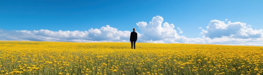 A solitary figure stands amidst a vibrant yellow field, under a clear blue sky, evoking feelings of peace and contemplation.