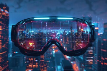 Futuristic virtual reality headset overlaying a cityscape, showcasing advanced technology and immersive digital experience.