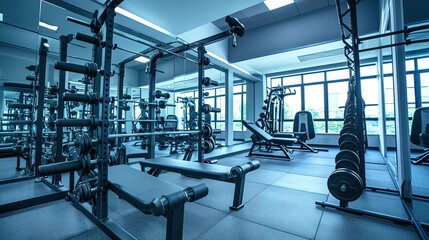 Fototapeta premium Modern gym exercise equipment in the gym Barbells with different weights on racks And machines for building muscles, with blue light interior, gym floor with padded sheets. 