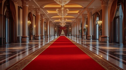 Obraz premium Majestic Red Carpet in a Lavishly Decorated Hall with Opulent Lighting for a High-End Evening Gala