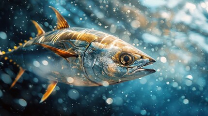 Naklejka premium A vibrant yellow fish with red fins in a clear, sparkling ocean.