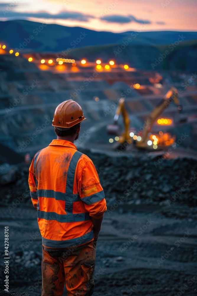 Poster a man in an orange safety vest looks at a construction site, suitable for use in images related to b