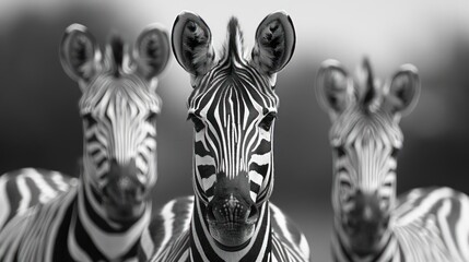 Three zebra heads with black and white stripes facing the camera, arranged in a triptych style.