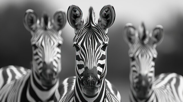 Fototapeta Three zebra heads with black and white stripes facing the camera, arranged in a triptych style.