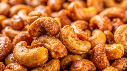 Close up of honey-coated cashew nuts, a delicious and healthy snack option