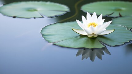 Beautiful white lotus flower blooms gracefully on serene water surrounded by green leaves, reflecting tranquility and nature's elegance.