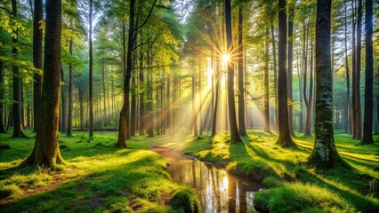 Fototapeta premium A tranquil forest scene with sunlight filtering through the trees, creating a peaceful and serene atmosphere