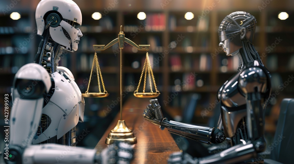 Poster two robotic friends sit at a table, carefully measuring their weight on a precision scale