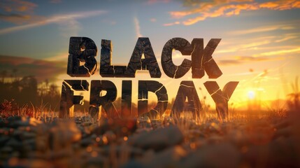 Black Friday Text in Cracked Stone Form at Sunset