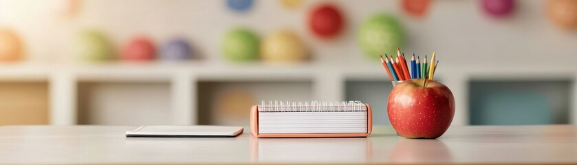 Bright and organized workspace featuring an apple, pencils, and a notebook, perfect for a creative or educational setting.