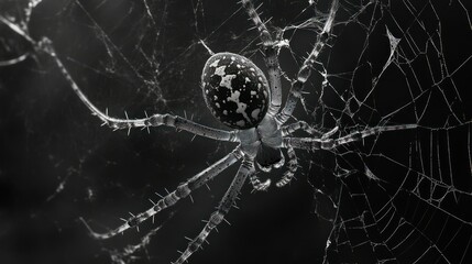 A Black and White Spider with Spiky Legs on a Web
