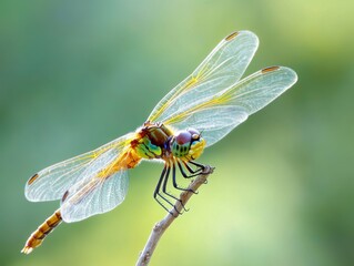 Close-up of a vibrant dragonfly perched on a branch, showcasing its intricate wings and colorful body against a blurred background.