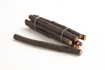 wood craft sticks isolated in white background. Rustic forest decor, minaiture timber logs.