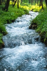 Serene Forest Stream Flowing Through Lush Green Landscape