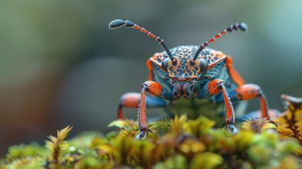 Fototapeta premium A red and blue bug on a moss covered ground.