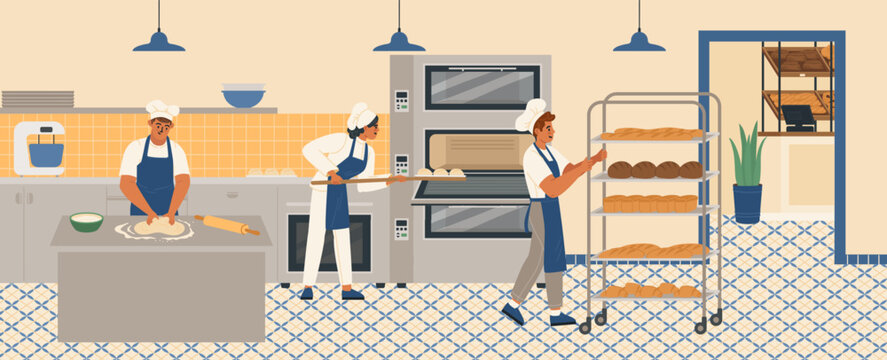 Man and woman bakers kneading dough and baking bread