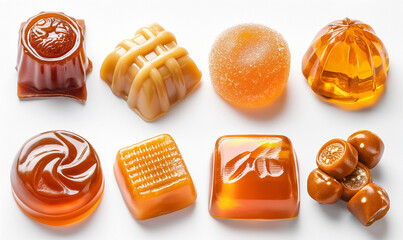 Delicious candies with caramel sauce and sea salt isolated on white background. sweets on white background.