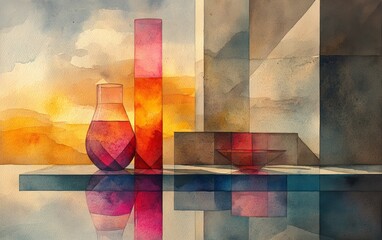 A serene watercolor composition featuring colorful vases reflecting on a surface, surrounded by warm, abstract hues.