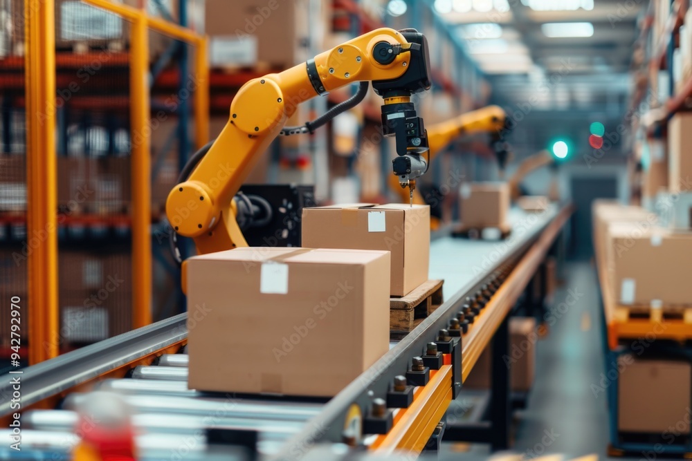 Poster A robotic arm moves boxes on a conveyor belt in a factory setting