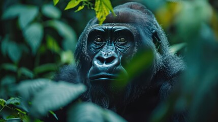 Obraz premium Gorilla in the jungle among lush green foliage.