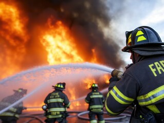 Fototapeta premium Firefighters battle a large blaze, showcasing teamwork and bravery in a dangerous environment filled with smoke and flames.