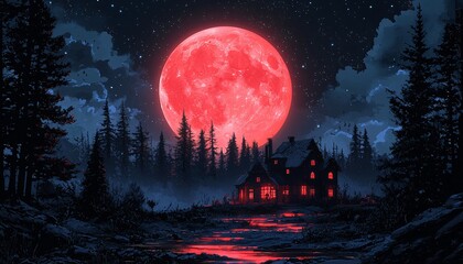 Halloween haunted circus at night digital illustration, evoking eerie excitement with potential for invitations, decorations, and themed events with copy space.