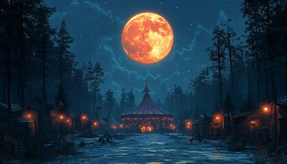Halloween haunted circus at night, featuring a spooky atmosphere with a vibrant moon. Ideal for Halloween promotions and themed events with copy space.