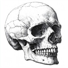Obraz premium Halloween antique woodcut engraving of a black skull, perfect for vintage-themed decorations, invitations, or party graphics with copy space.