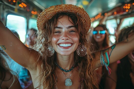 Halloween celebration on a party bus, showcasing joy and fun with friends, perfect for festive promotions and themed events, with copy space.