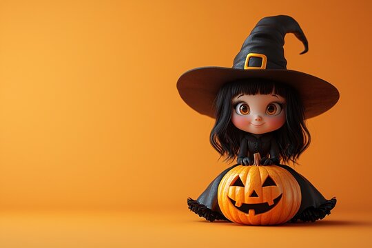 Halloween celebration featuring a cute little witch with a pumpkin on an orange background, ideal for party invitations, decorations, and themed promotions with copy space.