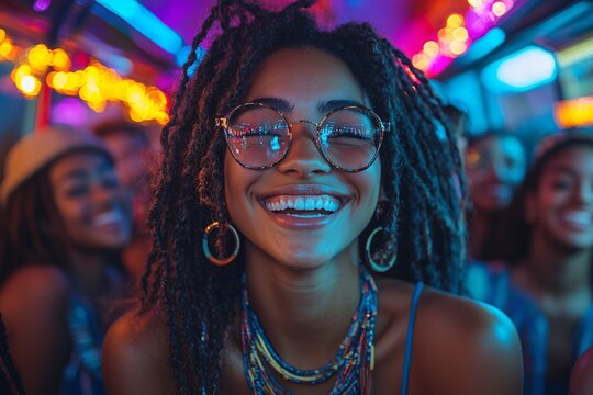 Halloween celebration with joyful partygoers in a vibrant bus, perfect for event promotions and social gatherings with copy space.