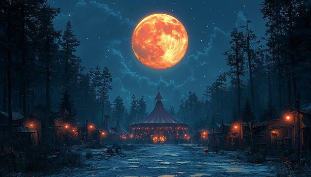Halloween haunted circus at night, featuring a spooky atmosphere with a vibrant moon. Ideal for Halloween promotions and themed events with copy space.