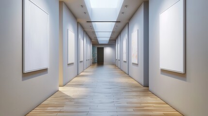 Empty Art Gallery Hallway with White Walls and Wooden Floor