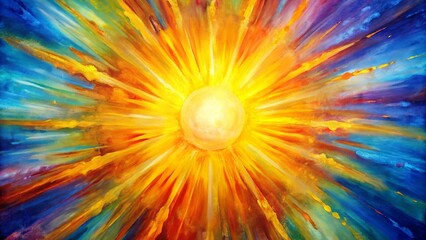 Colorful abstract sunburst painting with a vibrant yellow sun in the center