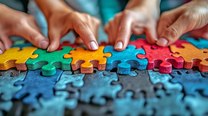 Business people are joining puzzle pieces on a table, a concept for teamwork and cooperation