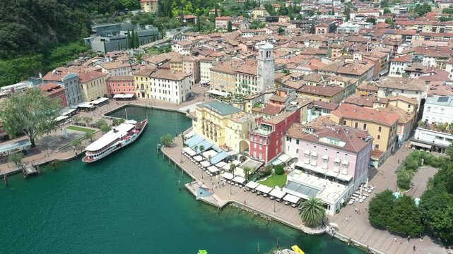 Aerial view of the town and marina of Riva Del Garda on Lake Garda, Italy on a sunny summer day