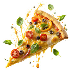 Slice of testy cheesy pizza and Flying Ingredients on a transparent background
