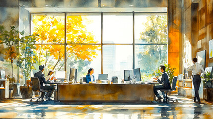 Vibrant Watercolor Illustration of Busy Real Estate Agency Office with Agents Discussing Property Listings and Client Meetings