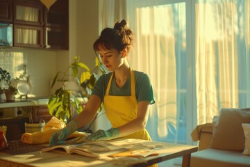 A woman in an apron is cleaning a table, with a simple and practical approach