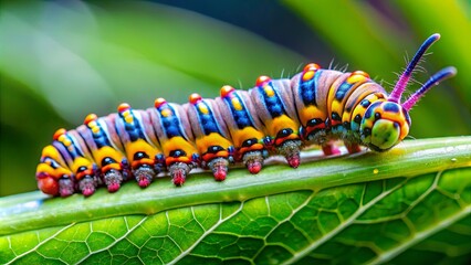 Naklejka premium Close up shot of a colorful caterpillar crawling on a green leaf in a macro nature scene