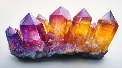 A stunning cluster of amethyst crystals with vibrant hues of purple and orange, showcasing natural beauty and elegance.