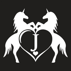 Elegant Unicorn white Monogram Logo with Heart and Letter 'J' – Vector Silhouette Design, t shirt Design svg