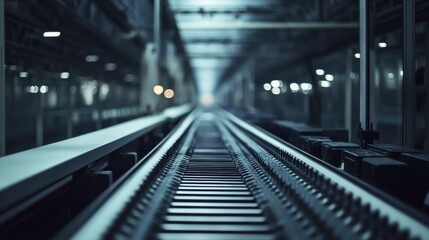 Close-up of a Metal Track in a Dark Industrial Setting