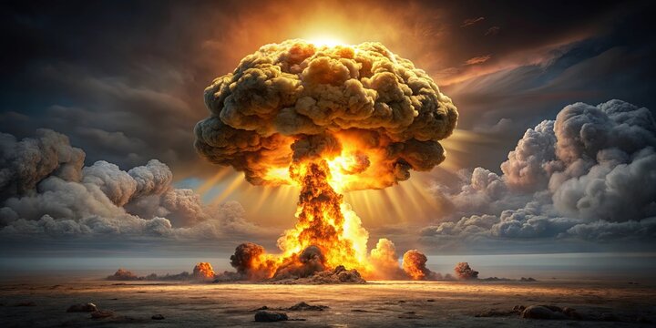 Explosion of an atom bomb with fire, dust, and smoke in the background
