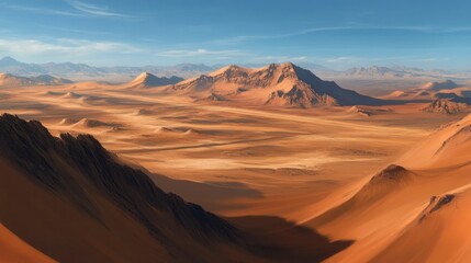 Naklejka premium Expansive Desert Landscape with Rugged Mountains under a Clear Blue Sky